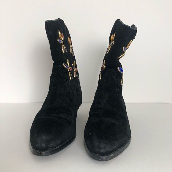 J Bar J black suede cowgirl boots with floral rhinestones on the shaft. - Picture 2 of 8